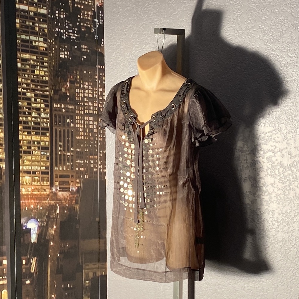 CECICO - sheer top: grey short ruffle sleeves, gold sequins & neck tie - L - Picture 5 of 16